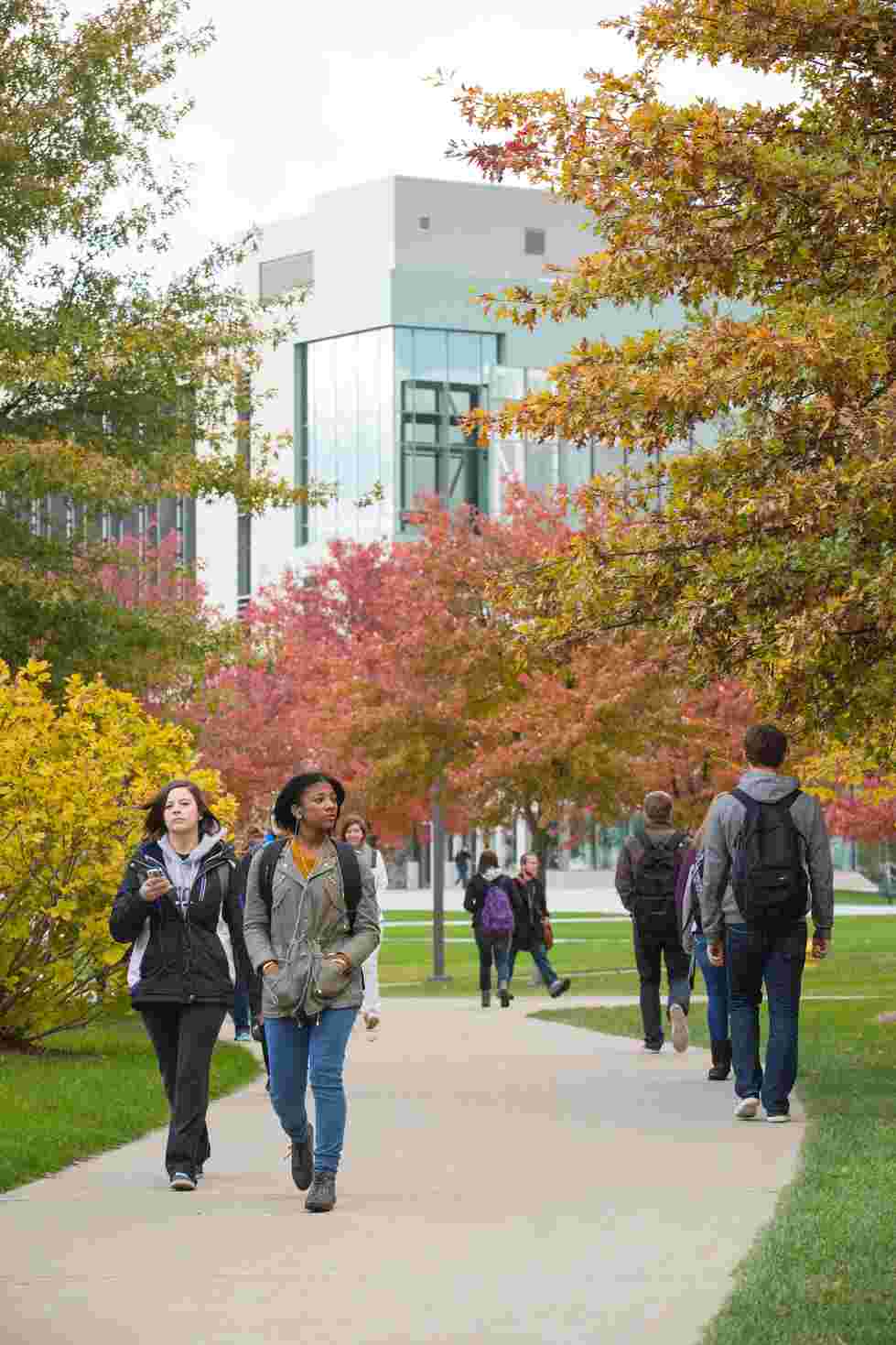 Students walking on Campus in the Fall